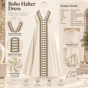 Ethnic Halter Cotton Maxi <b>Dress</b> | Women Tie Up Neck Embroidered High Low Hem <b>Boho</b> <b>Summer</b> Vacation Resort Casual Beach Long <b>Dress</b> - Product Image 5