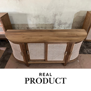 Aparador de Madera de Teca con Mimbre, Mueble de Almacenamiento de 4 Puertas, Aparador con Puerta Corredera para Sala de Estar Moderna, Cómoda Ovalada Curva - Product Image 6