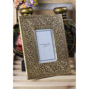 Metal & Glass Tabletop <b>Photo</b> <b>Frame</b> With Antique <b>Gold</b> Finishing Embossed Floral Designing Border For Home Decoration - Product Image 1