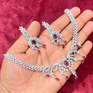 American Diamonds Premium Quality Silver Plated Jewelry <b>Necklace</b> Set Elegant Designer <b>Statement</b> Fine Jewelry for Wedding Wear - Product Image 1