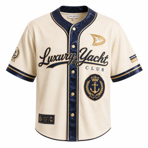 Luxury Yacht Club Baseball Jersey Men's Cream Navy Gold Embroidered Mesh Short Sleeve Button <b>Down</b> Regular Fit Adult All Seasons - Product Image 1