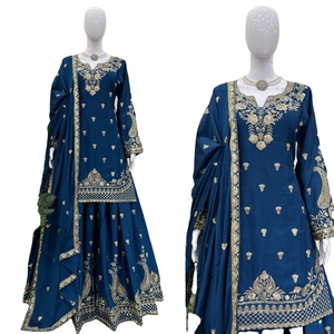Proveedor Indio de Modernos y Elegantes Trajes Sharara Palazzo Salwar Kameez de Seda Chinon con Bordado, de Secado Rápido, para Mujer, para Todas las Temporadas - Product Image 1