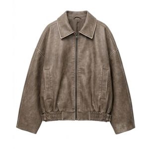 Washed <b>Grey</b> Cowhide Rugged Leather <b>Jacket</b> Utility Flap Chest Pockets Antique Zip Industrial Point Neck Sleeves Women Coats - Product Image 4