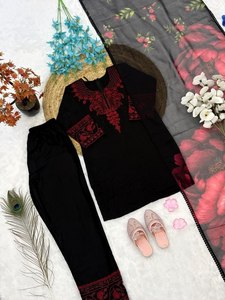Ensemble Salwar Kameez pakistanais noir pour filles, 3 pièces, avec kurta brodée, dupatta fleuri, tenue pour fête de l'Aïd, mariage - Product Image 3