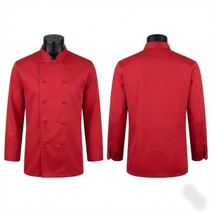 Veste de chef unisexe 200 GSM en coton polyester tissé sergé de qualité supérieure, rouge, double boutonnage, col mandarin, manches courtes, sérigraphie - Product Image 1