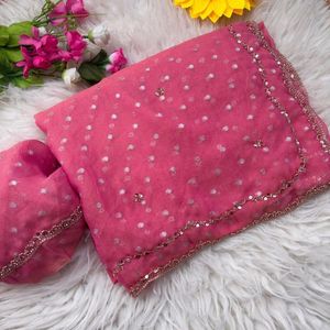 Sari de seda Butti NC pura, premium y de lujo, con trabajo de cuentas originales en oro rosa y blusa de diseñador, precio al por mayor por Royal Export. - Product Image 1