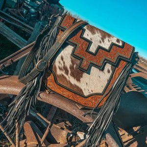 Western Cowhide Leather Crossbody <b>Bag</b> with Fringe – Hand-Tooled Vintage <b>Boho</b> Saddle Purse for Women - Product Image 1