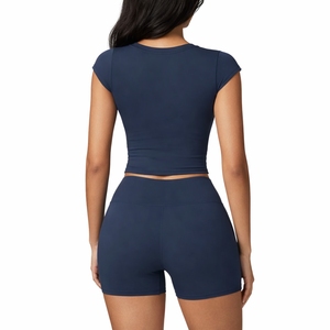 Yoga <b>Set</b> <b>Two</b> <b>Piece</b> Crop Top Fitted Shorts Activewear Short Sleeve Design Matching Shorts Stretch Fit Active Custom Yoga <b>Set</b> - Product Image 2