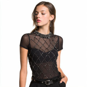 T-shirt en maille transparente 100 % polyester avec strass pour femme – T-shirts décontractés en maille à strass pour femme - Product Image 3