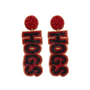 Handmade Collegiate <b>Red</b> and Black Seed Bead <b>Drop</b> <b>Earrings</b> Statement Jewelry for Game Day and Tailgating for University Fans - Product Image 1