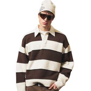 <b>Men</b> Stripe Knit Polo <b>Shirt</b> Neutral <b>Brown</b> Contrast Collar Long Sleeve Pullover Casual Winter Top Cotton Blend OEM - Product Image 3