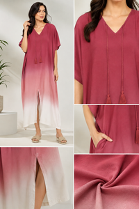 Robe longue kaftan bohème rose tie-dye personnalisée OEM pour femme, col en V, coupe moderne, 100 % coton écologique, toutes saisons, paréo de plage - Product Image 5