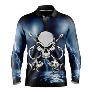 Camisa de Pesca Sublimada para Hombre, Diseño de Calavera, UPF 50, Secado Rápido, Poliéster, Manga Larga, Estilo Polo, Diseño Océano Azul - Product Image 2