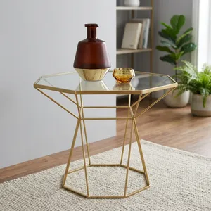 Mesa Auxiliar de Hierro con Acabado Dorado y Tapa de Vidrio, Mesa de Estilo Moderno para Sala de Estar, Dormitorio, Hotel, Decoración del Hogar - Product Image 3