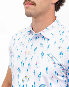 Polo à manches courtes blanc pour homme, imprimé station de ski, en coton Oxford, coupe décontractée, boutons sur le devant, longueur normale - Product Image 4