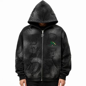 Sweat à capuche zippé personnalisé pour homme, style vintage délavé, avec lettres imprimées sur toute la surface, en molleton délavé à l'acide, streetwear, impression de logo d'équipe, OEM Sales Pro - Product Image 2
