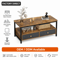 Table basse de salon avec deux tiroirs, étagère ouverte, coins arrondis, structure métallique, fabrication OEM ODM
