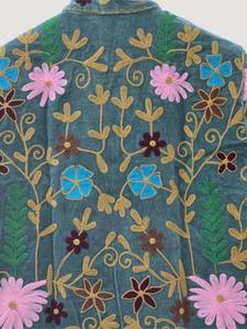 Premium Grey Velvet Embroidered Suzani Jacket With Multicolor Floral Pattern Full Sleeve <b>Stand</b> Collar Handmade Boho Winter <b>Coat</b> - Product Image 4