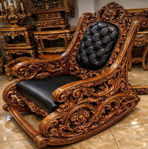 Fauteuil à bascule en bois sculpté avec accoudoirs en forme de tête de lion et motif d'arbre gravé sur le dossier, disponible à prix de gros. - Product Image 6