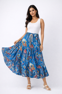 Boho Floral Print Layered Frill Midi <b>Skirt</b> for Women, <b>Elastic</b> Waistband Cotton Tiered Gadder <b>Skirt</b>, High Making Masterpiece - Product Image 5