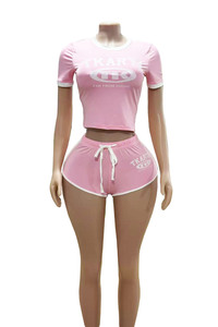 2026 Kardashian Style Vintage Pink Lace up Printed Bodycon Top and Shorts Two Piece SpringSummer Daily Wear Outfits - Product Image 4