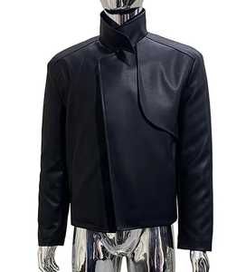 Blouson de moto unisexe noir en cuir véritable tanné, col montant, fermeture éclair, style chinois, coupe ajustée, longueur standard, pour l'automne, avec chaînes - Product Image 4