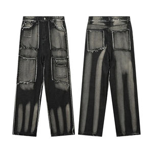 Jeans de mezclilla negros con lavado ácido y logotipo personalizado para hombre, corte recto, estilo desgastado, talla grande, venta al por mayor, invierno, otoño, verano - Product Image 3