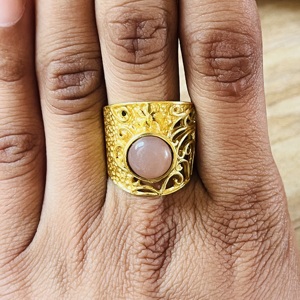 Hot Selling Peach Moonstone Brass <b>Ring</b> 18k Gold Plated Filigree Texture Floral <b>Ring</b> <b>Statement</b> Chunky Wholesale <b>Ring</b> For Women - Product Image 4