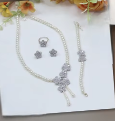 Stylish Silver Finish Pearls CZ Look Necklace Combo <b>Set</b> With Earrings Ring <b>Bracelet</b> for Party Modern Wear Collection For Women - Product Image 2