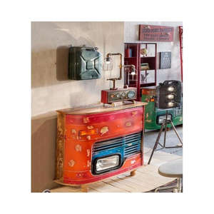 ตู้บาร์แบบเคลื่อนที่สไตล์อินดัสเทรียลโมเดิร์น ทำจากโลหะและไม้ รูปทรงกลอง พร้อมล้อเลื่อน ตู้เก็บของบาร์ทำมือ เฟอร์นิเจอร์บ้าน โรงแรม - Product Image 2