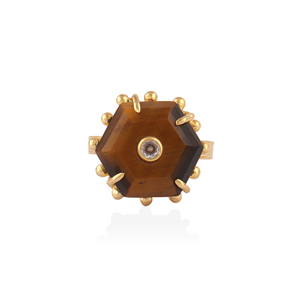 Best selling <b>ring</b> hexagon cut natural tiger eye <b>adjustable</b> <b>ring</b> solid brass 18k gold plated beaded designer prong setting <b>rings</b> - Product Image 1