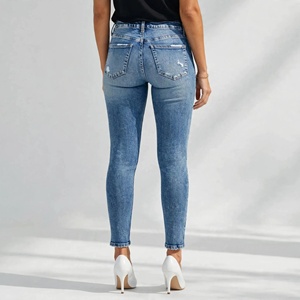Jeans de Mezclilla Ajustados de Cintura Alta para Mujer, Color Sólido, Desgastados, Estilo Casual, para Primavera - Product Image 3