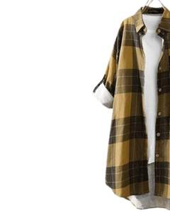 Vestido Camisero Largo a Cuadros Marrón Mostaza Personalizado para Mujer, Estilo Túnica Casual con Botones, Holgado y Suave de Algodón y Lino - Product Image 3