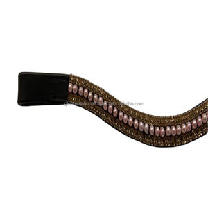 Bande de sourcils de cheval en cuir fantaisie avec cristaux dorés à 5 rangées et bande de sourcils en perles bling dans toutes les tailles et conceptions personnalisées - Product Image 1
