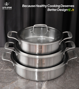 Ensemble de casseroles peu profondes haut de gamme en acier inoxydable 18/10, 6 pièces, corps robuste, poignées solides en acier inoxydable, couvercles en verre, compatible induction - Product Image 5