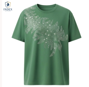 เสื้อยืดแขนสั้นผู้ชายลายปาล์มสีเขียววิบวับ ยี่ห้อ Index Apparel ทรงโอเวอร์ไซส์ คอกลม ผ้าเจอร์ซีย์ถัก 100% ผ้าฝ้าย - Product Image 1