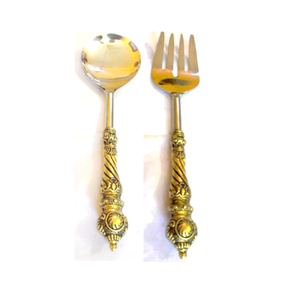 Ensemble de luxe 2 pièces cuillère et fourchette avec manches à bord droit ornés de motifs feuilles d'or, couverts élégants vintage pour la restauration fine - Product Image 4