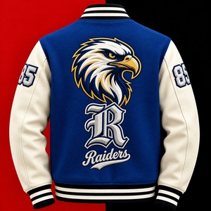เสื้อแจ็คเก็ตวาร์ซิตี้ Raiders สีน้ำเงินขาว ปักโลโก้นกอินทรี ดีไซน์แบบ Patchwork แขนยาว กันน้ำ ผ้าถักคอตตอน ทรงสแตนด์ สำหรับฤดูใบไม้ร่วง - Product Image 3