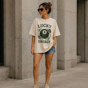 Camiseta de Mujer Casual Oversize con Cuello Redondo, Hombros Caídos, Manga Media, Transpirable, 100% Algodón, 180g, Estampado por Transferencia Térmica - Product Image 2
