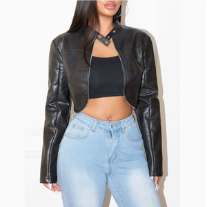 Chaqueta de Motociclista de Cuero Genuino para Mujer, Cuello Alto, Manga Larga, Cierre de Cremallera, Estilo Otoñal, Corta - Product Image 1