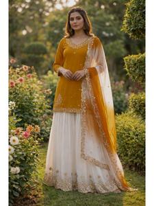 Ensemble trois pièces Kurti Palazzo Dupatta en crêpe français de qualité supérieure avec de magnifiques broderies à sequins pour femmes, idéal pour les fêtes et les mariages - Product Image 1