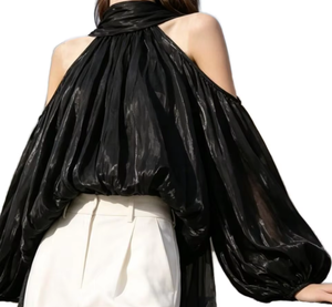 Blusa Halter de Gasa Negra para Mujer con Mangas Abullonadas, Capa Transparente, Fruncida y Plisada, Elegante, Holgada, para Primavera/Verano - Product Image 2