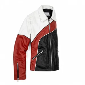 Blouson Moto Unisexe en Similicuir Rouge, Blanc et Noir à Motif Diagonal, avec Poches Zippées, Style Racing Vintage, Veste Tendance - Product Image 4