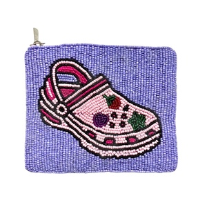 Handmade Embroidered Beaded Cotton Coin Pouch Purple Rectangular Shape Croc Shoe Design Art Collectible Christmas New Year Party - Product Image 1