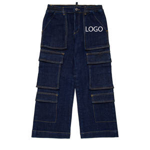 Pantalones vaqueros cargo azul oscuro de corte regular para niños, para compradores mayoristas, a precio económico, con diseño de alta calidad y logotipo personalizado. - Product Image 1