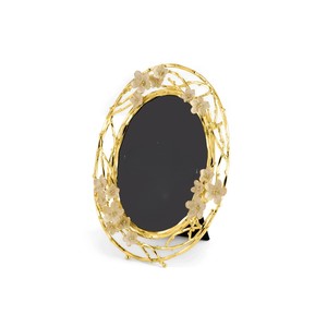 Oval Brass <b>Photo</b> Frame With Floral Design Handmade Metal Tabletop Decor Vertical Orientation - Product Image 1