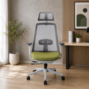 Chaise de bureau ergonomique en maille KINSHA avec accoudoirs et appui-tête réglables, dossier ouvert, base pivotante en métal, design moderne - Product Image 1