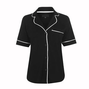 Women's Black 2-Piece Shorts Set Turn-<b>Down</b> Collar Short Sleeve Regular Fit Casual Spring Summer Breathable Knitted Cotton - Product Image 2