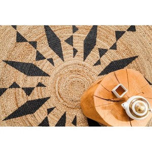 Tapis rond en jute à motif géométrique, style bohème, fait main, antidérapant, pour décoration de salon, à poils plats, noir naturel - Product Image 3