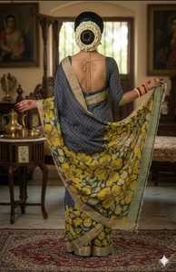 Sari indien traditionnel en soie avec imprimé floral GRIS JAUNE pour femme, tenue de mariage, coupe classique, longueur au sol, provenant d'Inde - Product Image 3